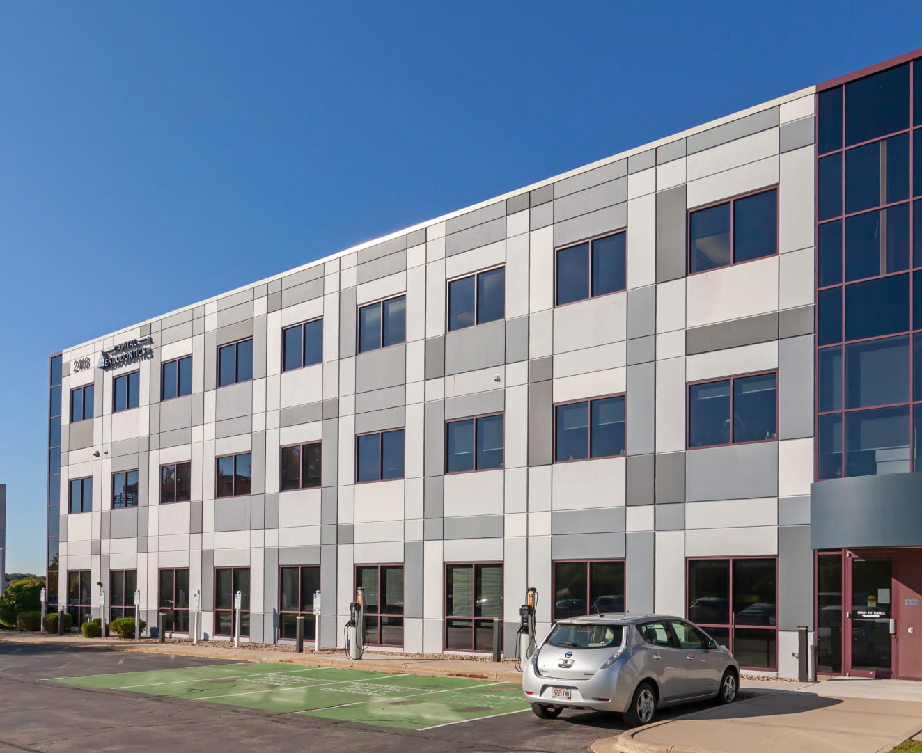 The front exterior of the office building at 2418 Crossroads Drive in Madison, WI.