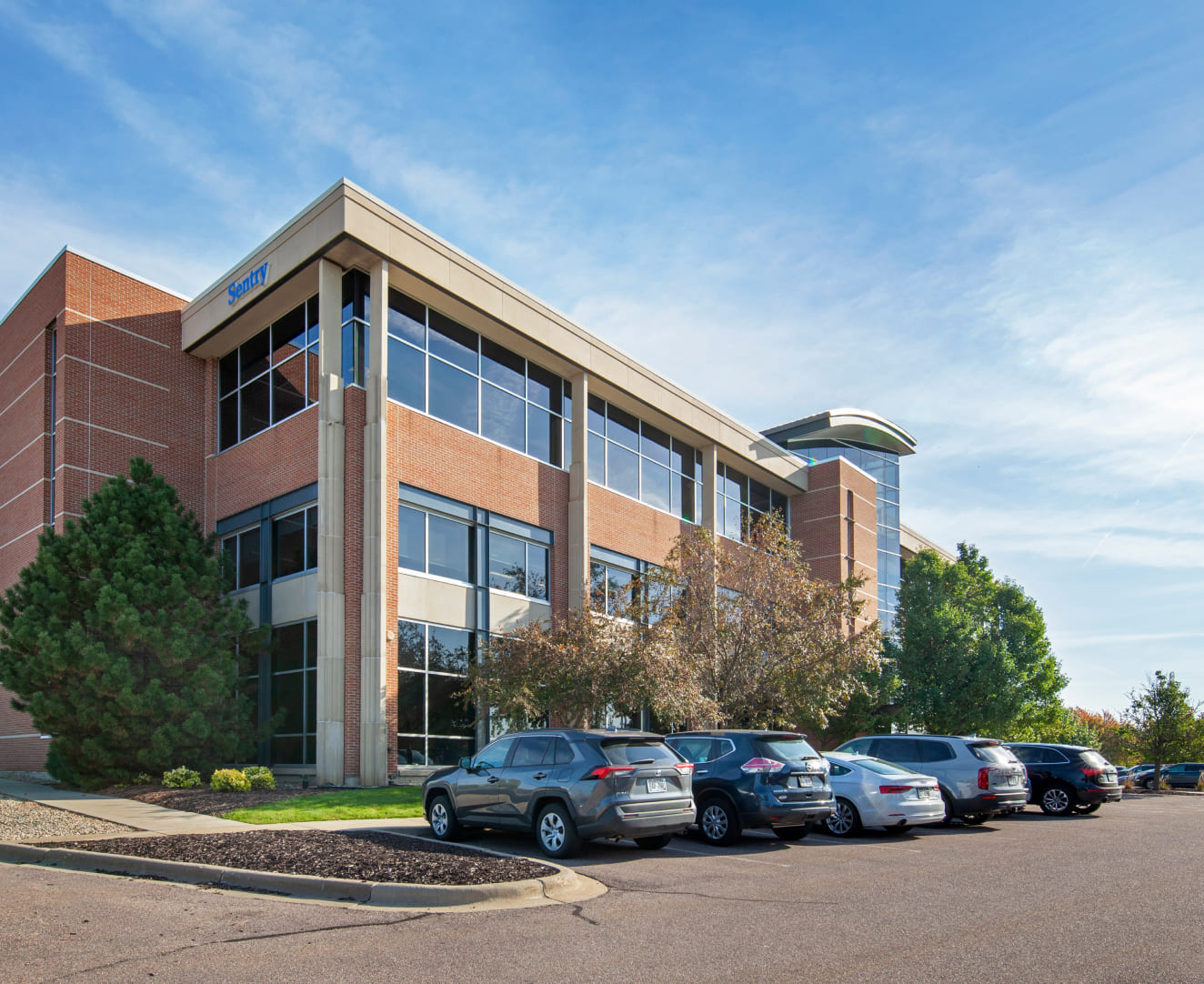 The parking lot and office building at 5100 Eastpark Boulevard in Madison, WI.
