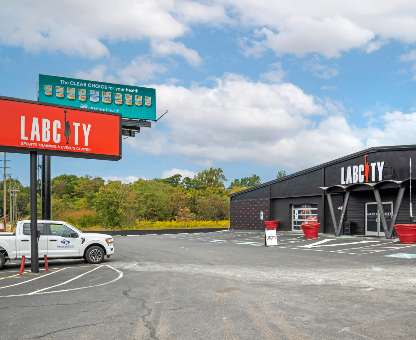 Another view of the LabCity at 2801 E. Independence Blvd in Charlotte, NC. The front signage and parking lot are visable.