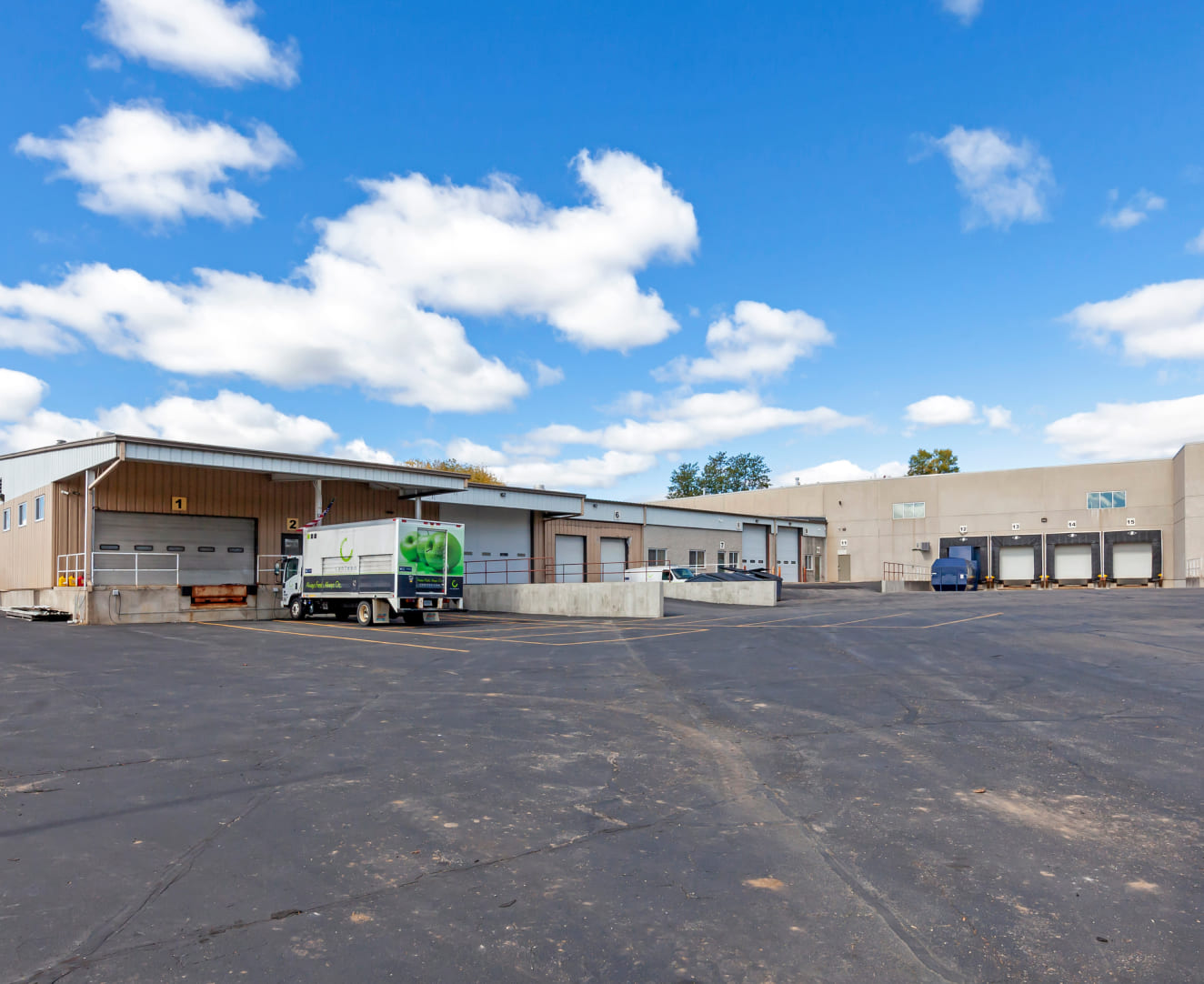 The exterior loading docks of 2250-2258 Mustang Way in Madison, WI.