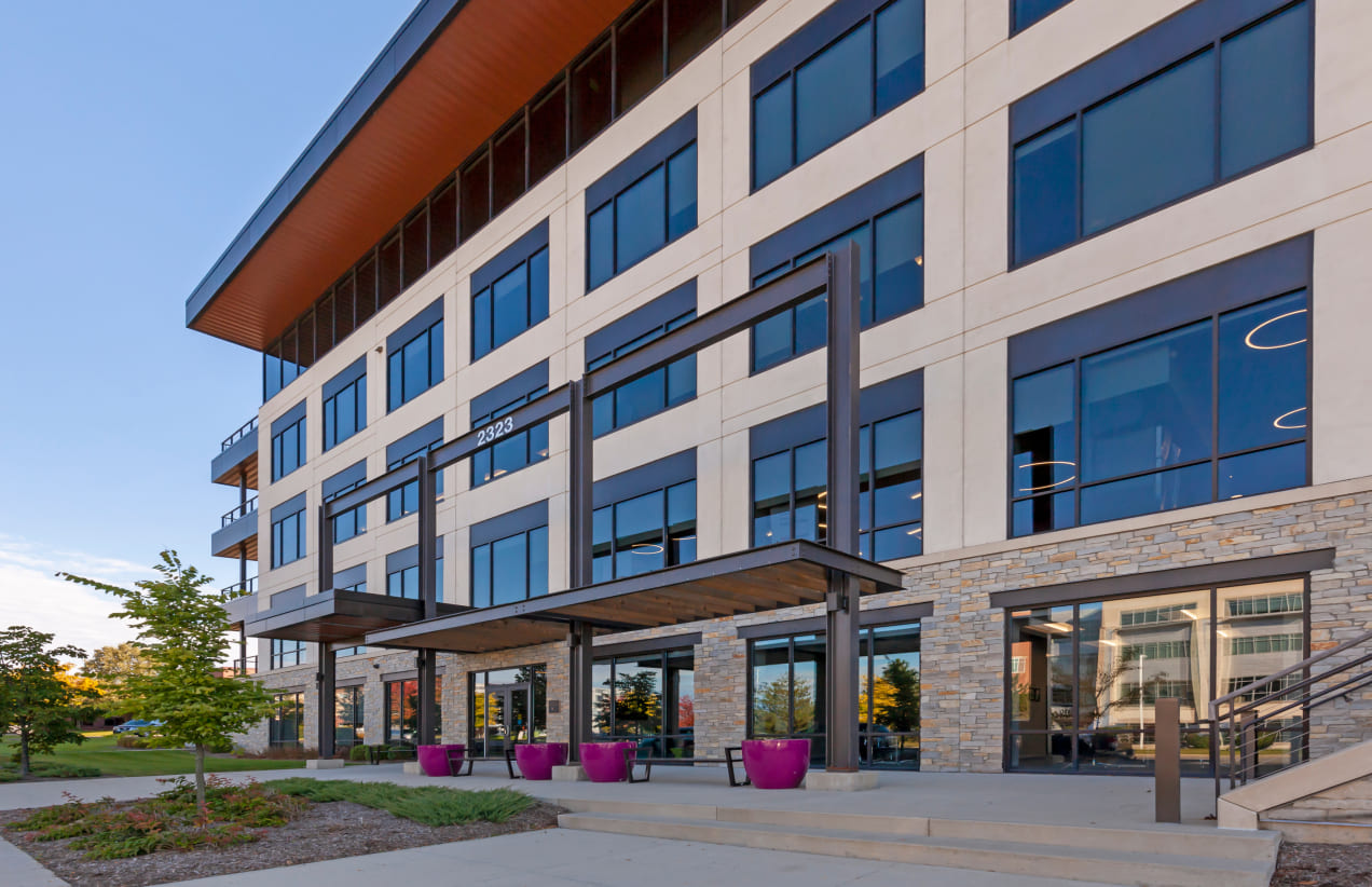 The entrance of the office building at 2323 Crossroads Drive